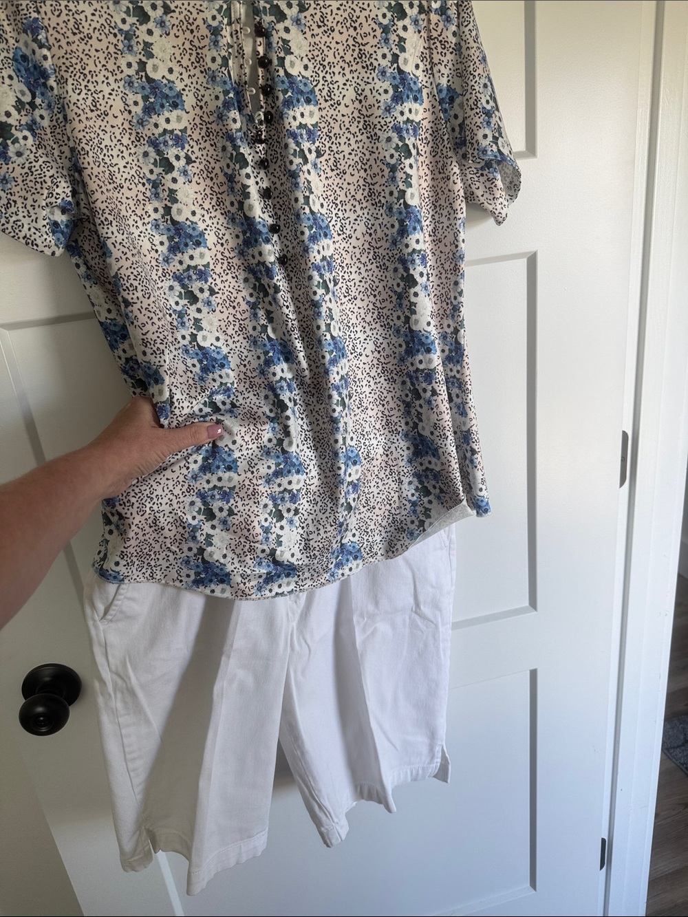 Women’s Blue Floral Short Sleeve Shirt - Lightweight Printed Top